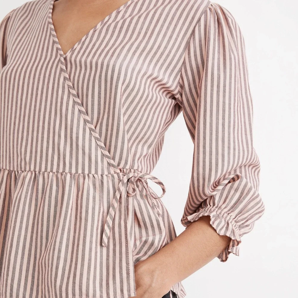 NWOT Madewell Top Puff-Sleeve Peplum Wrap Top Women’s XS Stripes Pink Cotton